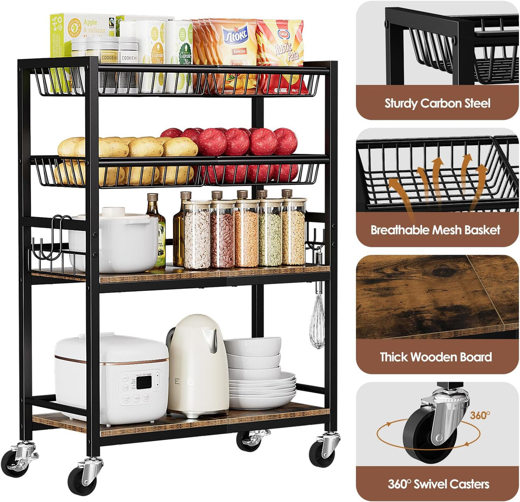 Kitchen Storage Cart, 4 Tier Utility Rolling Snack Cart, Fruit & Vegetables Basket Stand, Pantry Storage with 4 Detachable Mesh Basket for Kitchen, Bathroom, Living Room, Office, Balcony, Black