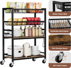 Kitchen Storage Cart, 4 Tier Utility Rolling Snack Cart, Fruit & Vegetables Basket Stand, Pantry Storage with 4 Detachable Mesh Basket for Kitchen, Bathroom, Living Room, Office, Balcony, Black