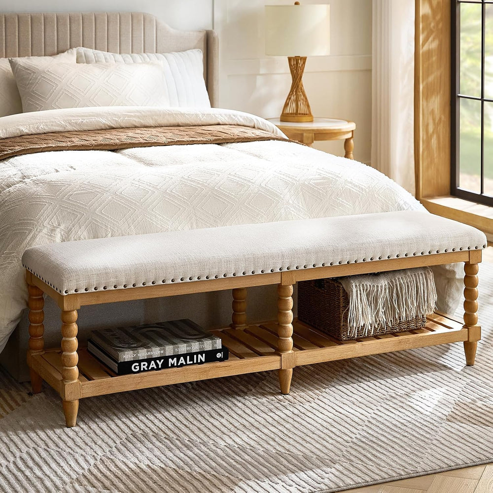 HULALA HOME Entryway Bench with Soild Wood Shelf, 58" Upholstered Shoe S...