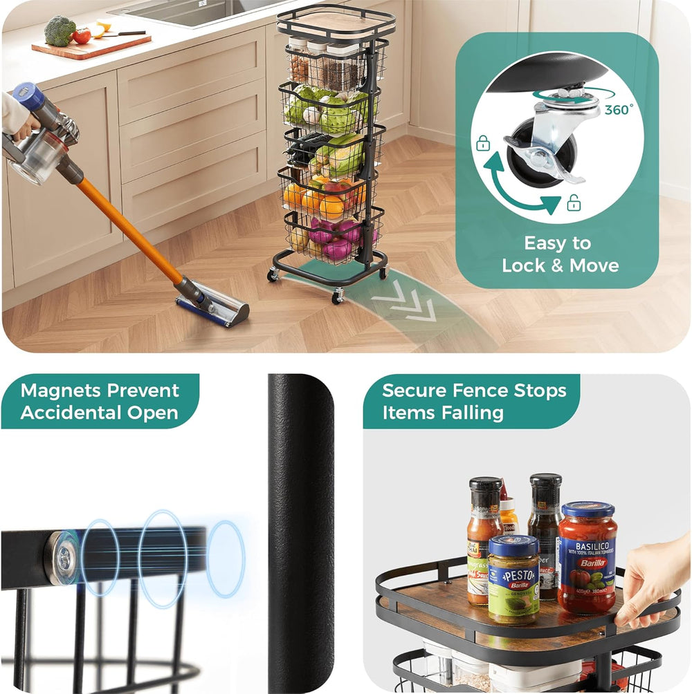 5 Tier Kitchen Fruit Vegetable Storage Cart with One-Piece Rotating Basket, P...