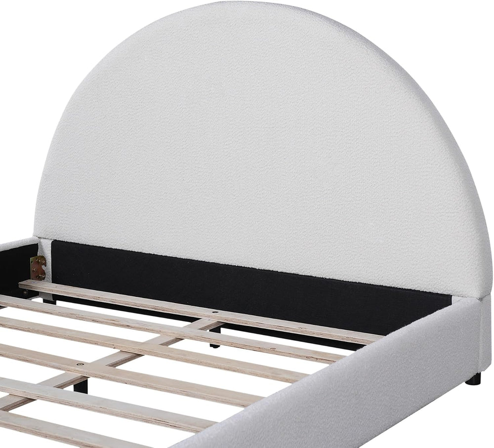 Peanu Queen Bed Frame, Boucle Upholstered Curved Headboard, White