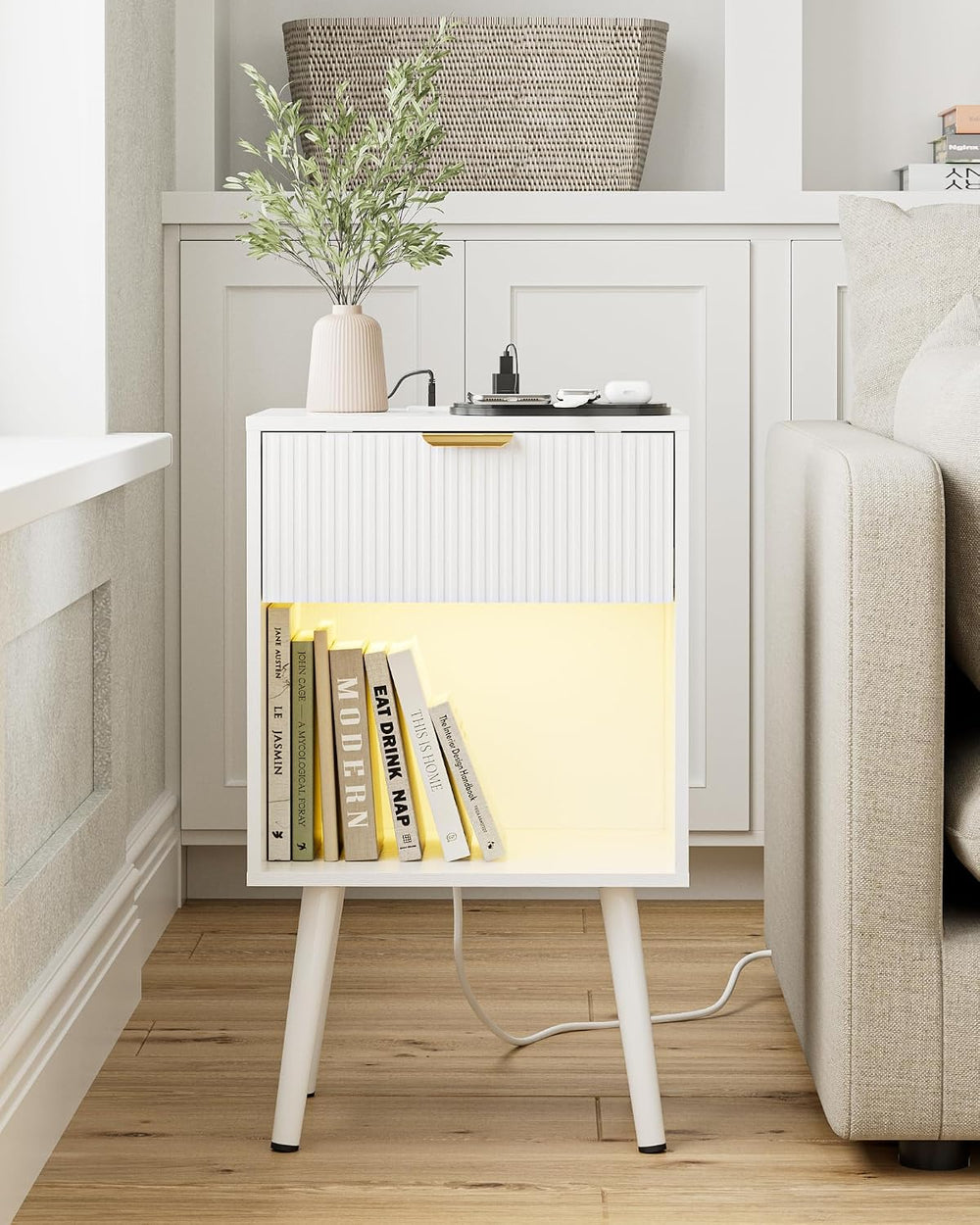 White Fluted Nightstand with Charging Station, Modern Bedside Table with Stor...