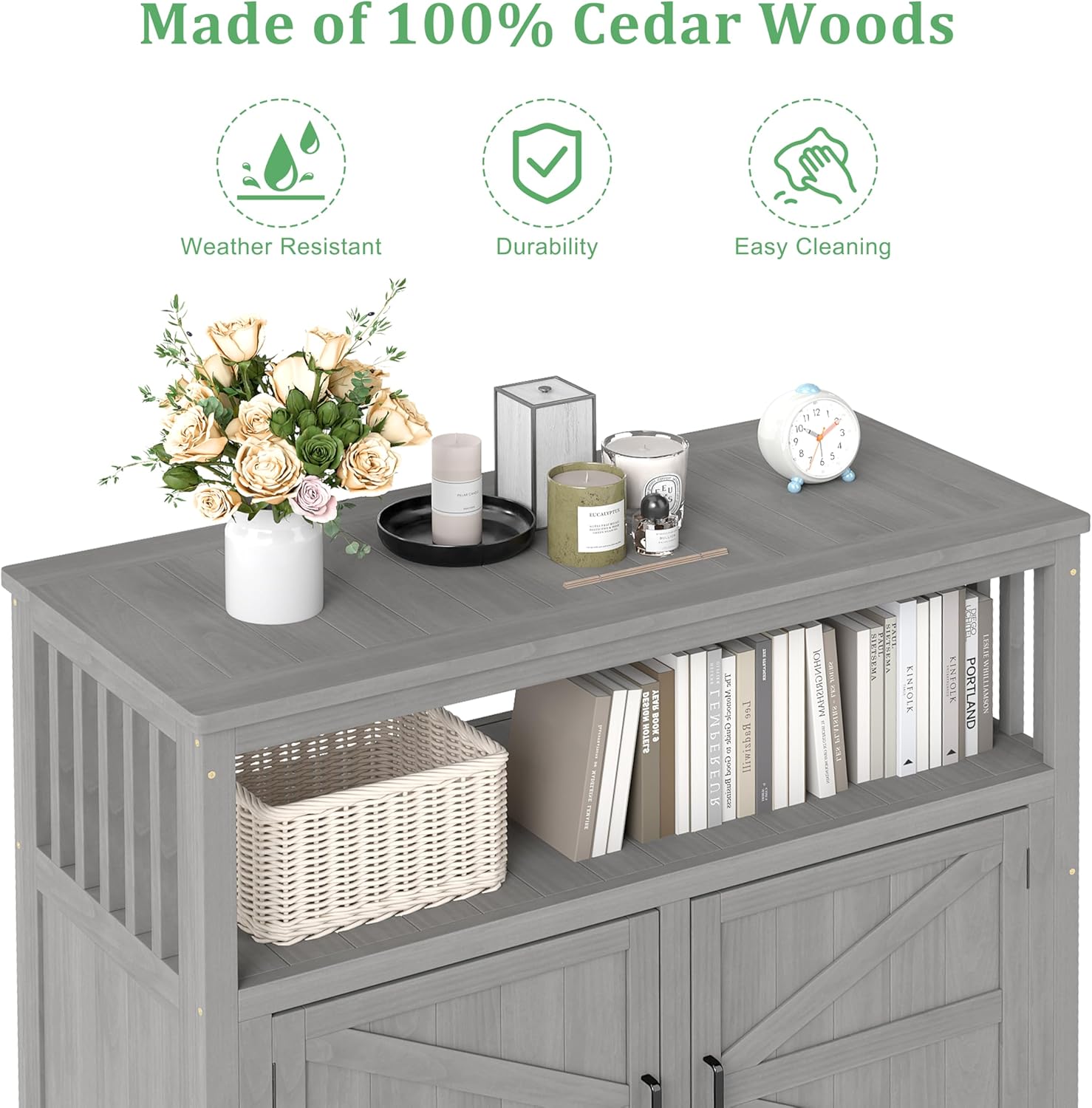 Outdoor Potting Bench with Storage Cabinet and Metal Top, Wood Workstation for Outdoor Patio, Garden (Grey, 42×18×37")