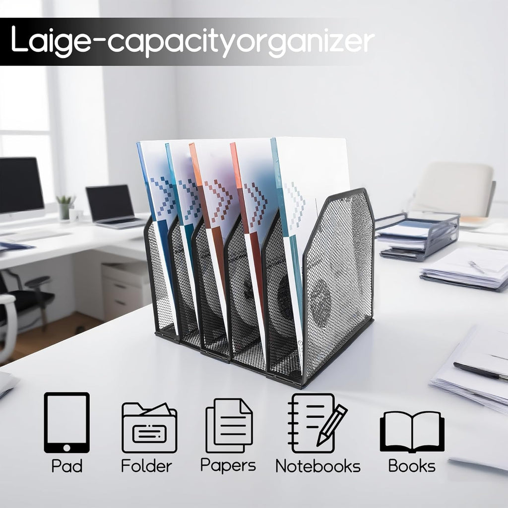 Adjustable Desk File Organizer,Detachable Office Folder Organizer,Compact Vertical Desk File Holder,Wrought Iron Paint,Suitable for Home, School, Office Classrooms (Black - 5 grids)