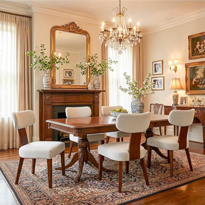 Dining Chairs Set of 6, Mid-Century Modern Upholstered Kitchen Chairs with Curved Backrest and Linen Fabric Seat, Wood Leg Accent Chairs for Dining Room, Living Room, Bedroom, Linen Beige