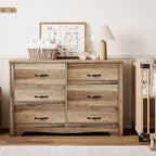 LINSY HOME 6 Drawers Dresser for Bedroom, 47" Wide Rustic Wood Dressers & Chests of Drawers, Modern Farmhouse Storage Dresser with Antique Handles for Closet, Living Room, Hallway, Rustic Brown