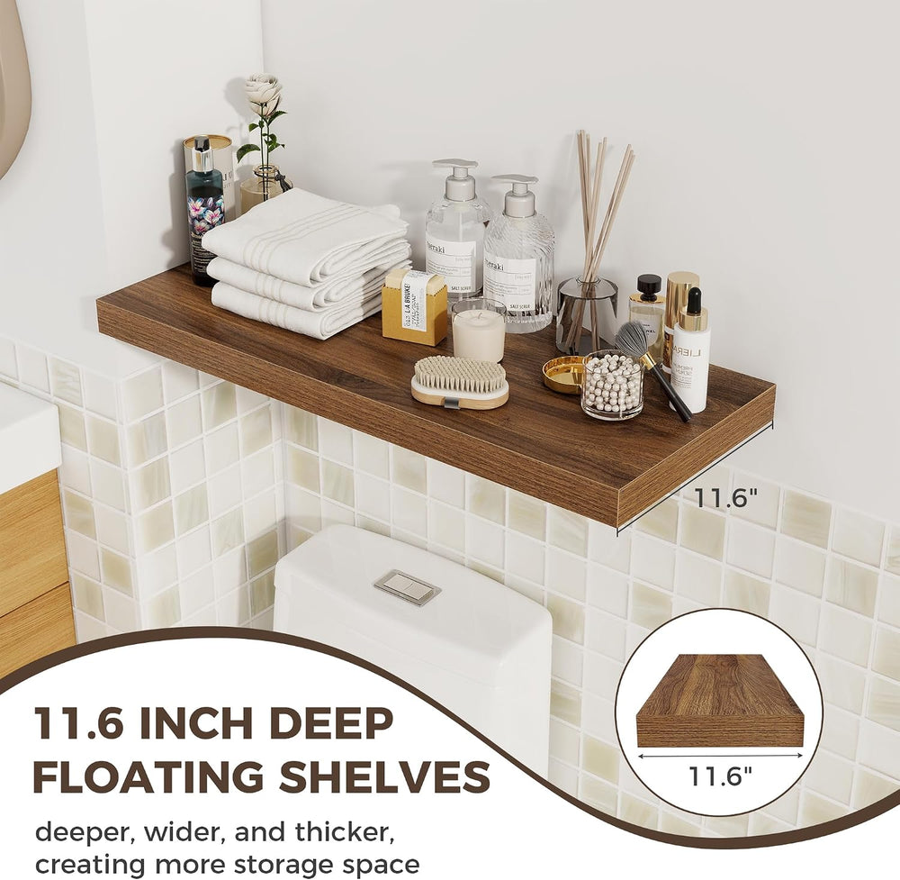 Fun Memories Deep Floating Shelves, 32W x 12D Walnut Wall Shelves, 32 Long Ru...