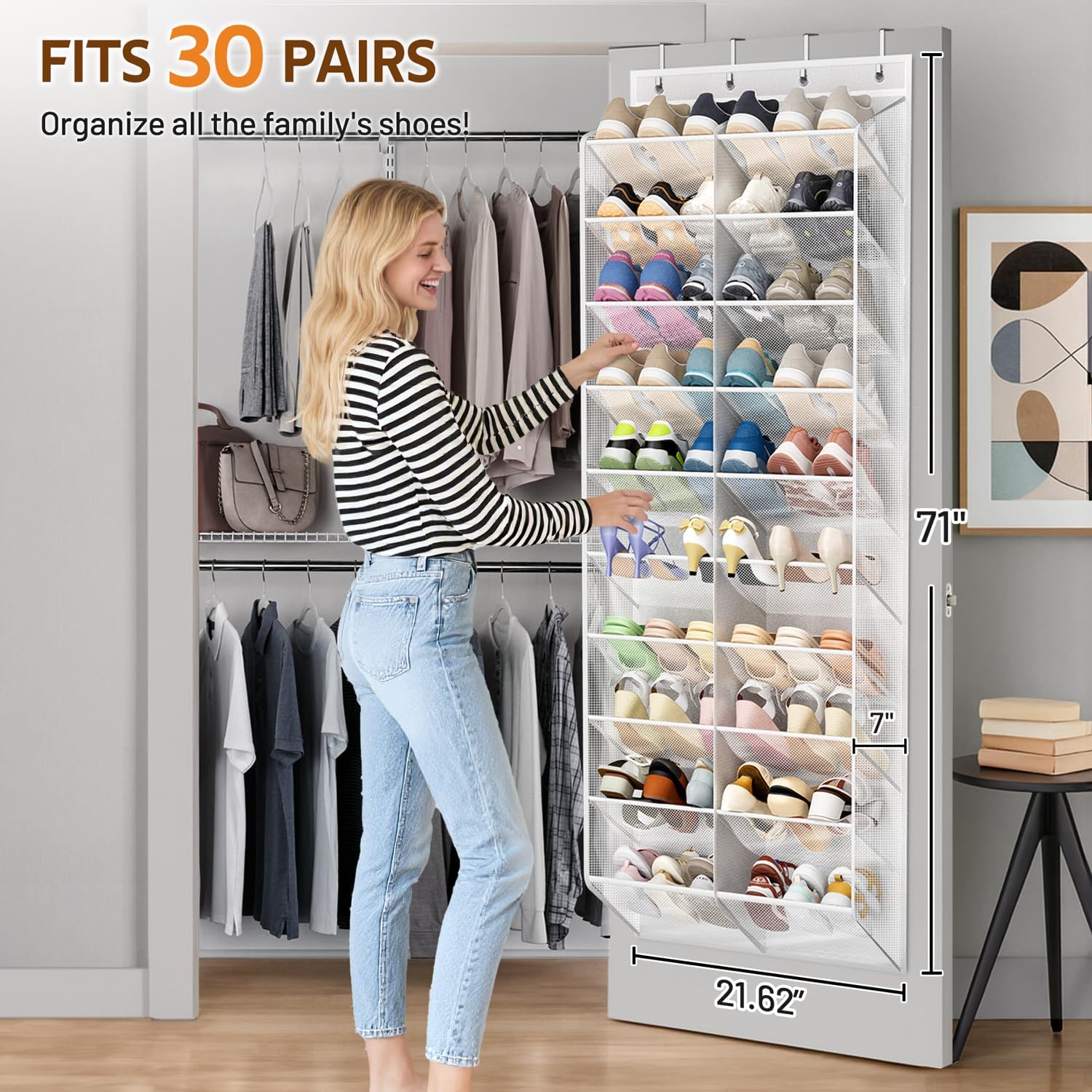 MISSLO 30 Pairs Over the Door Shoe Organizer Breathable Mesh Hanging Shoe Rack for Closet Storage with Wide Deep Pockets 10 Tier Shoes Holder Fit All the Family's Sneakers, Boots, Heels (White, 71")