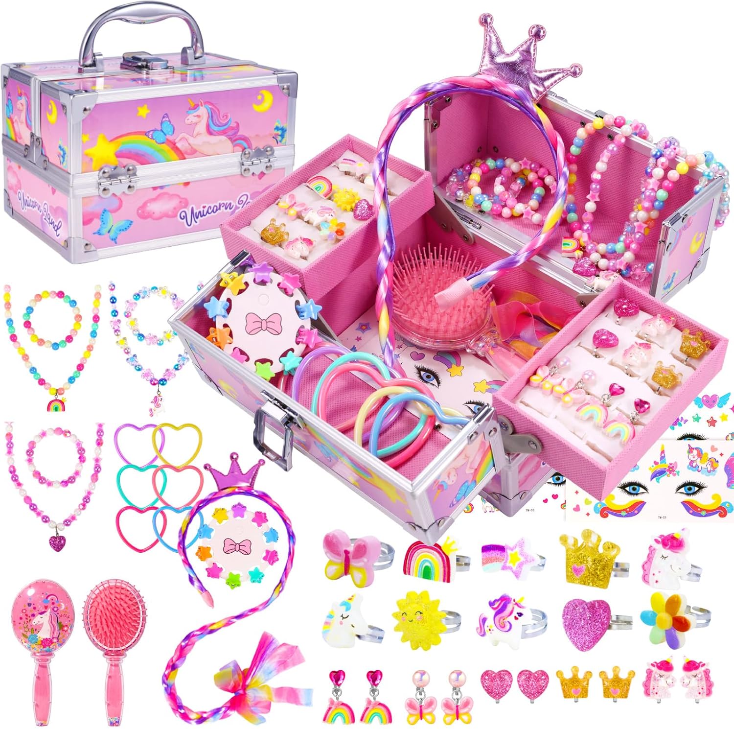 PinkSheep Unicorn Kids Jewelry for Girls: Toddler Princess Dress Up Unicorn Toy Set, Ring Necklace Bracelace Earing Clip for Little Girls, for Kids Toddler Jewelry Age 3-8