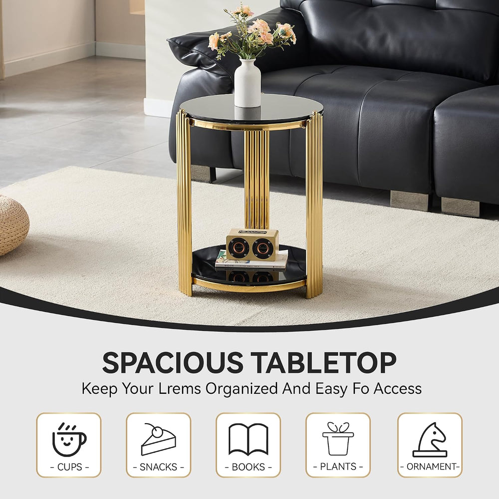 Henf Round Glass End Table Modern Luxury Accent Sofa Side Table, 2-Tier Black...