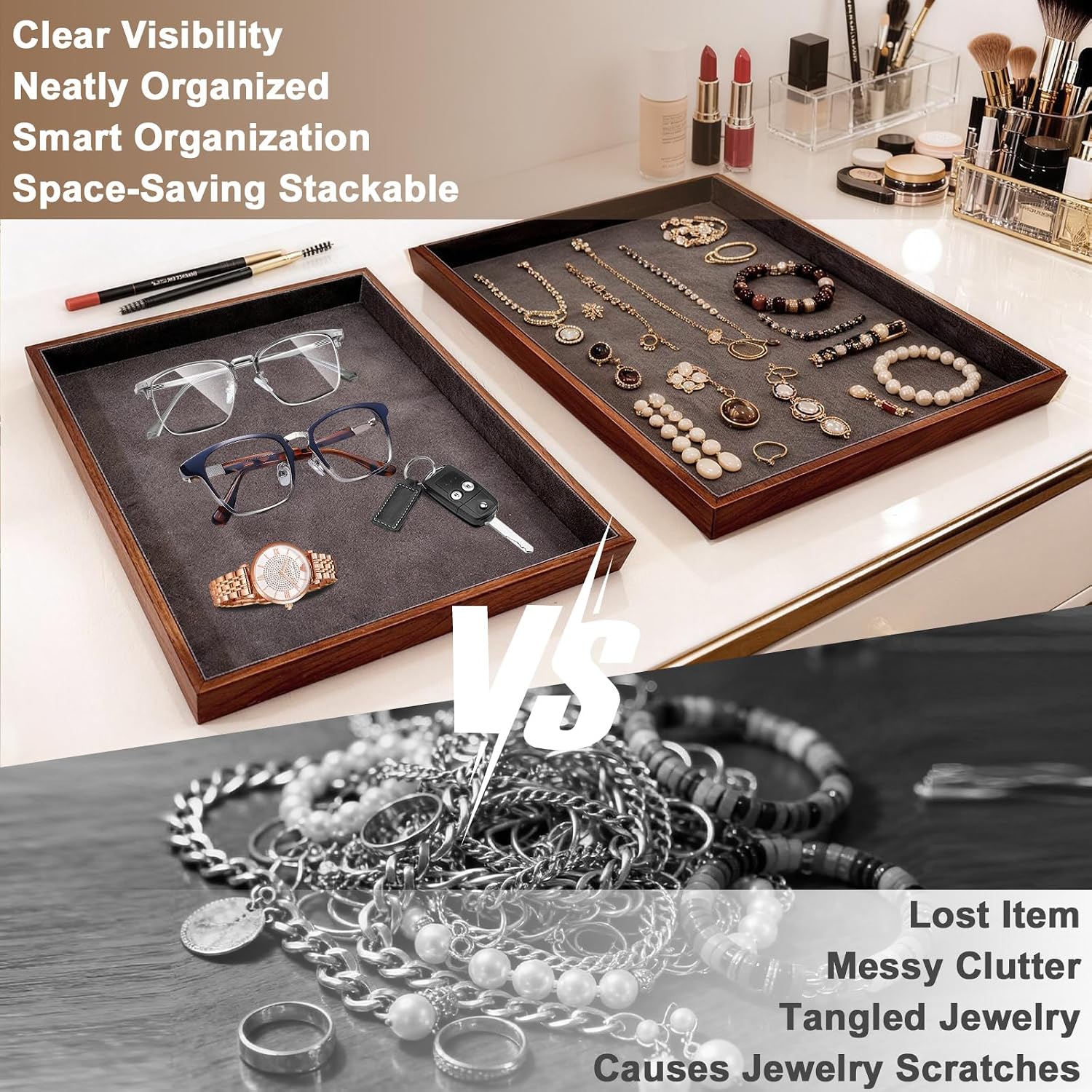 Large Solid Wood Jewelry Watch Tray, Velvet Jewelry Board Display Trays for Key Wallet Ring，Stackable Wooden Jewelry Drawer Organizer Showcase Jewelry Holder(Grey)