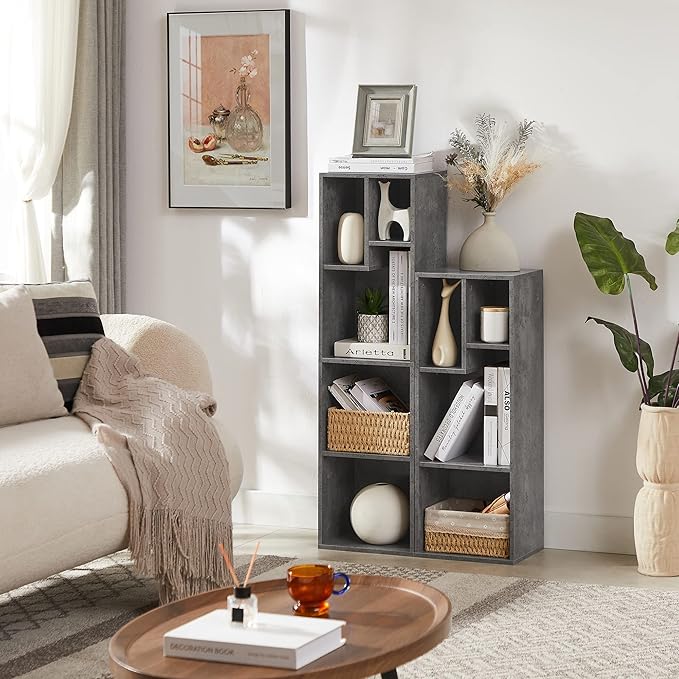 VECELO Small Bookshelf, 5 Cube Slim Bookcase, Fits Tallest Hardcovers, Horizontal Available, Modern Floor Standing Unit, Each Shelf Hold Up to 66 LBS,Modern Gray