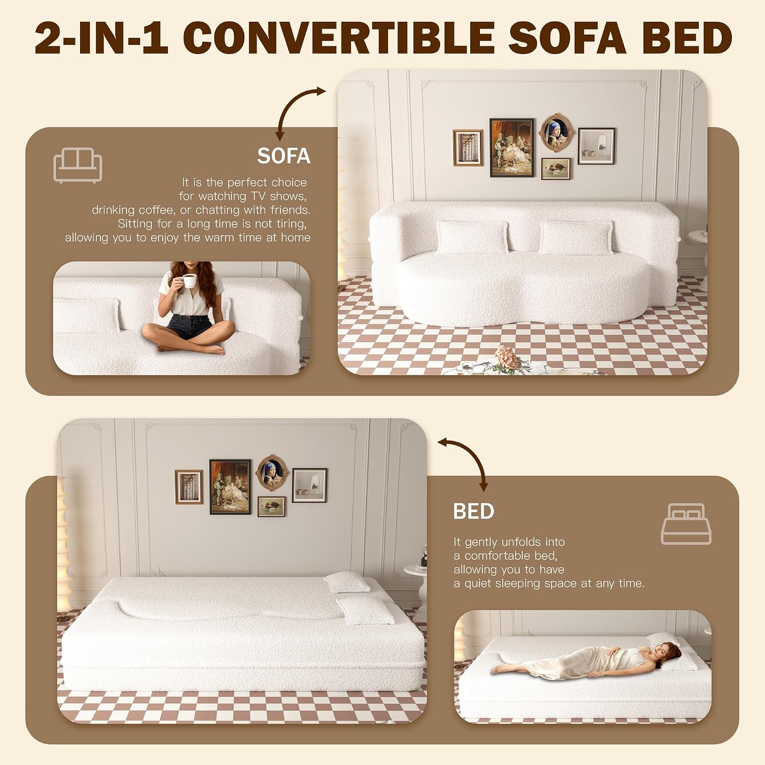 Convertible Folding Sofa Bed, 2-in-1 Full Size Floor Boneless Couch Bed, Loveseat Sleeper Couch, Teddy Floor Sofa, Memory Foam Sleeper SofaBed, Small couches for Small Spaces, No Assembly