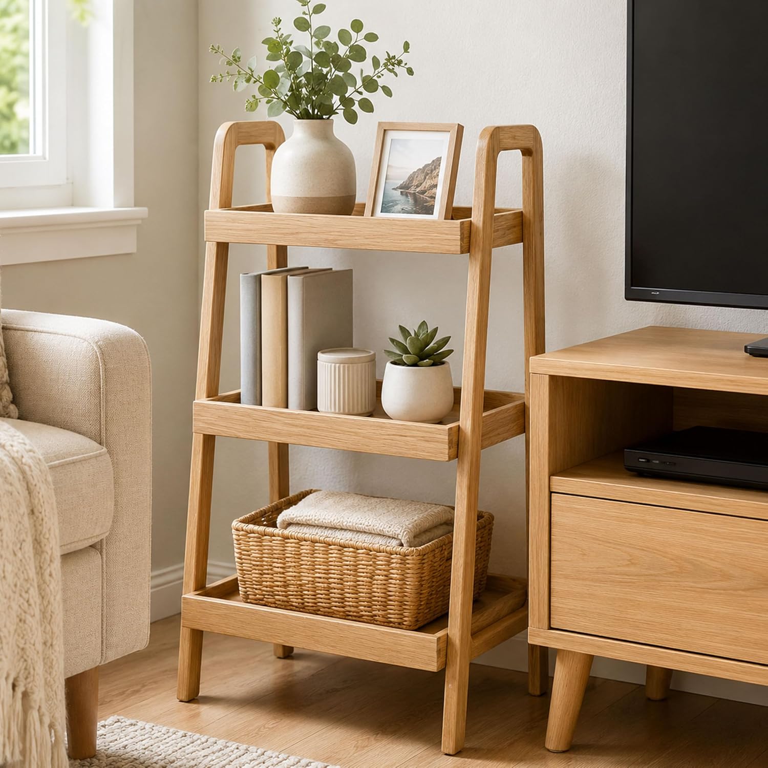 Solid Oak 3-Tier Ladder Shelf & Beech Wood Shoe Rack - Sturdy Entryway Organizer, Elegant Storage for Bathroom, Living Room, Bedroom & Hallway - Durable & Stylish Design