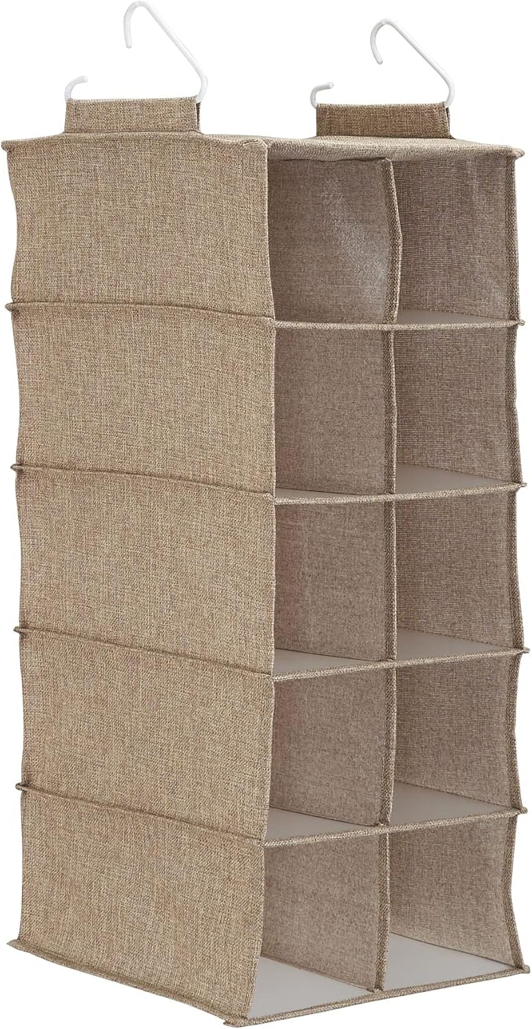 Household Essentials 10‑Pocket Hanging Shoe Organizer with Side‑by‑Side Canvas Storage and 2 Hooks for Support, Beige