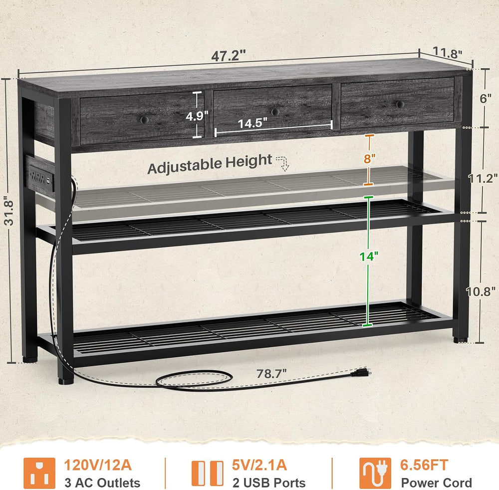 Ecoprsio Entryway Table with Power Outlets, 47" Console Table with Drawe...