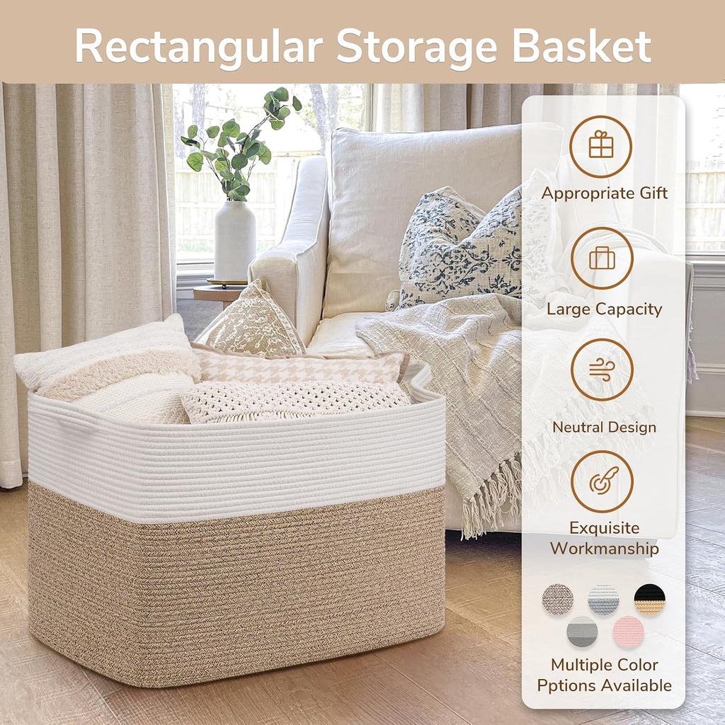 Goodpick 105L Extra Large Cotton Rope Blanket Basket, White & Light Brown | 25 x 16 x 16 in, Reinforced Handles, Living Room, Bedroom & Nursery Organization, Blankets, Toys, Clothes & Pillows Storage