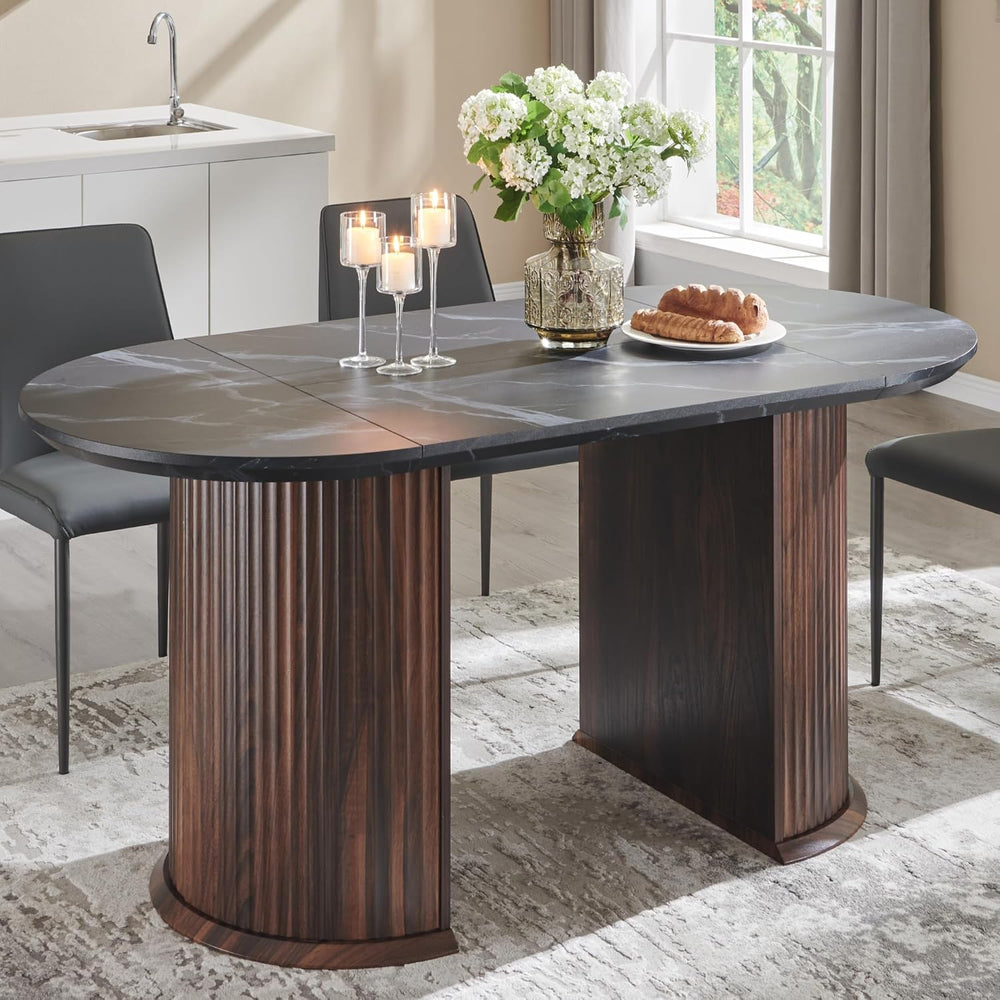 T4TREAM Fluted 63" Oval Dining Table for Kitchen Living Room, Walnut&amp...