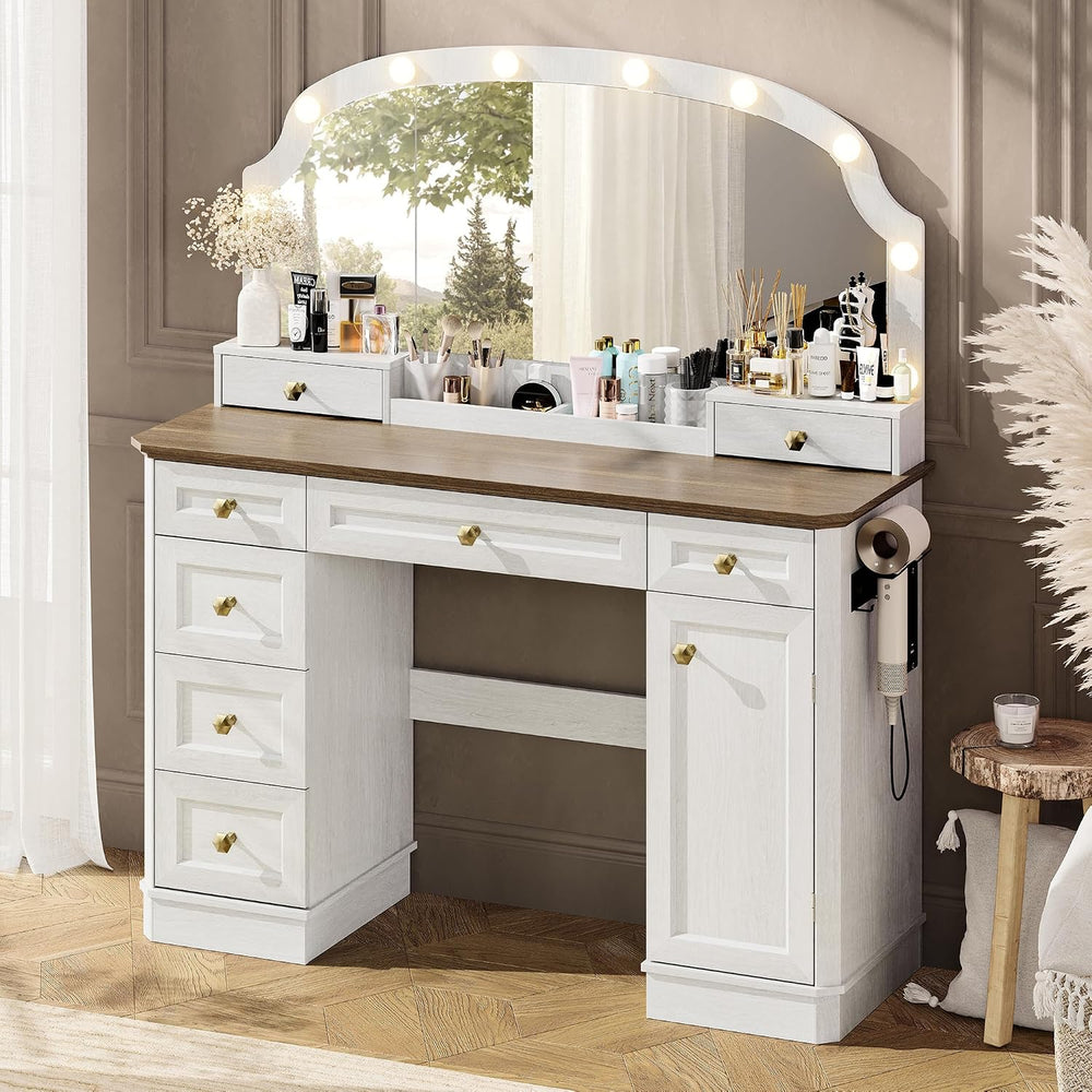 Farmhouse Makeup Vanity Desk with Mirror and Lights, 47'' Vanity Tabl...