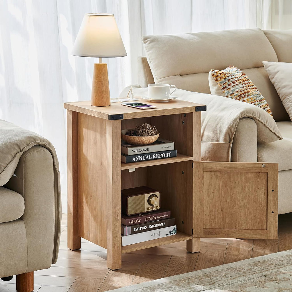 Joaxswe 18-Inch Nightstand with Charging Station and Fluted Door,Natural | 18-inch bedside table with AC and USB charging, open storage and a magnetic fluted door for bedroom essentials
