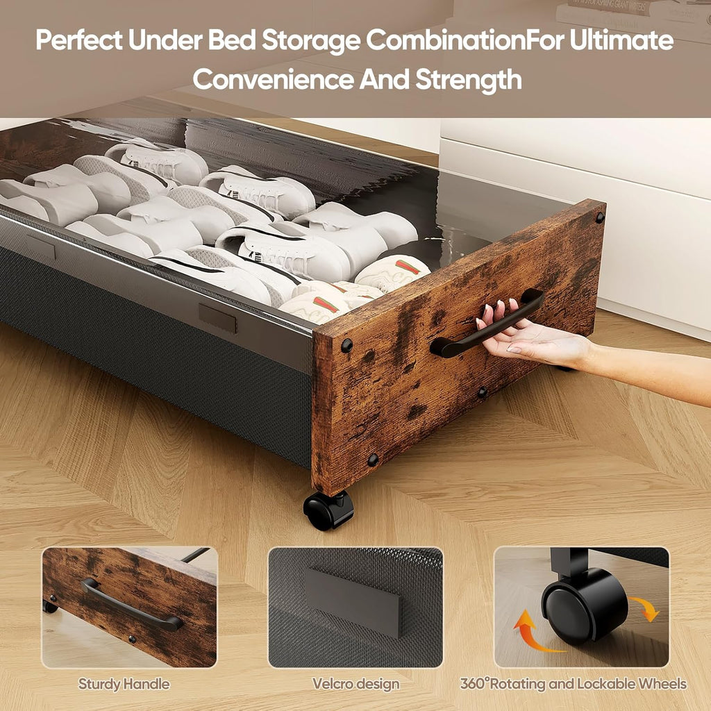 KITHELP Wooden Under Bed Storage with Wheels, Rolling Under the Bed Storage Bins with Removable Lid, Metal Under Bed Drawers for Clothes and Shoes in Bedroom or Living Room(Black Wood-1pack)