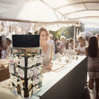 Wooden rotating Jewelry Display Stand with Removable 48 Hooks advertising board, For Earring Cards necklace bracelet Keychain Jewelry Organizer For Selling For vendor events (Dark brown)