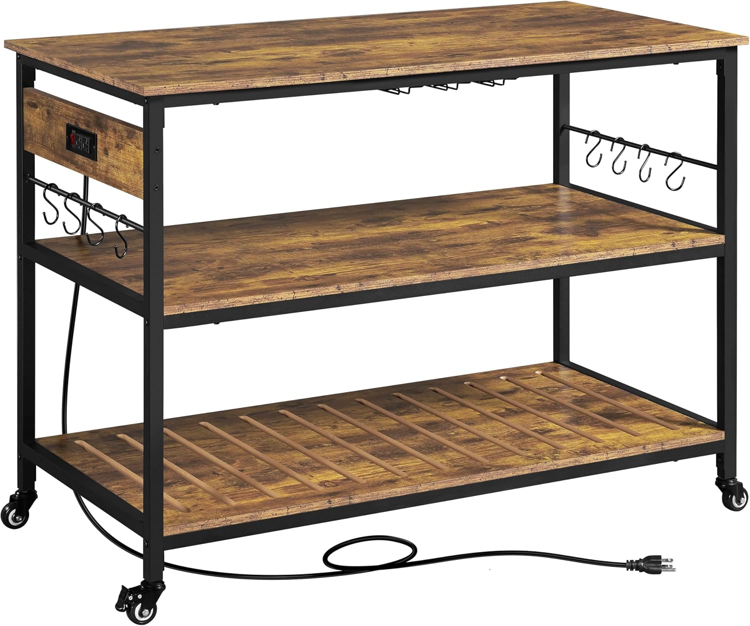 Yaheetech 47.5 Inches Kitchen Island with Storage, 3 Shelves, Rustic Brown | Rolling Kitchen Island With Power Outlet, Kitchen Island on Wheels with Wine Rack & Glass Holder & Hooks for Dining Room/Bar