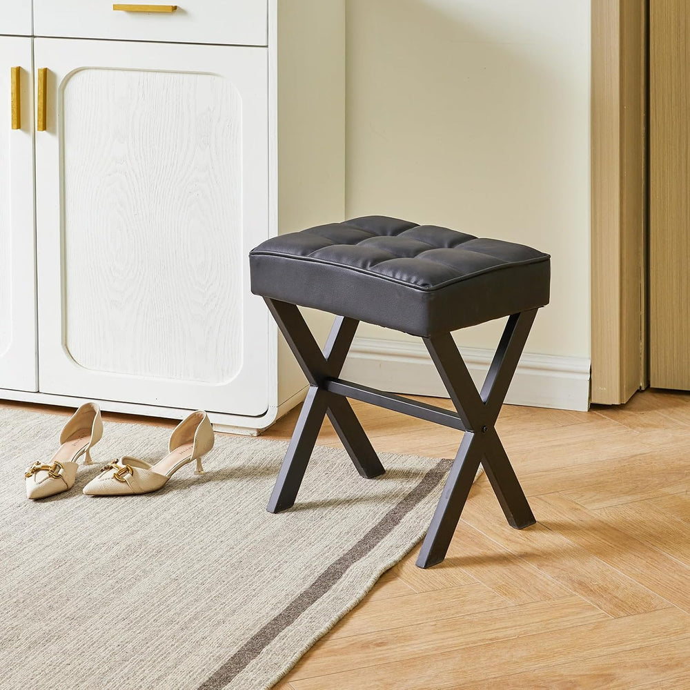 IBUYKE Square Makeup Stool with X-Leg, PU Vanity Chair, Black LG-71B | Footre...
