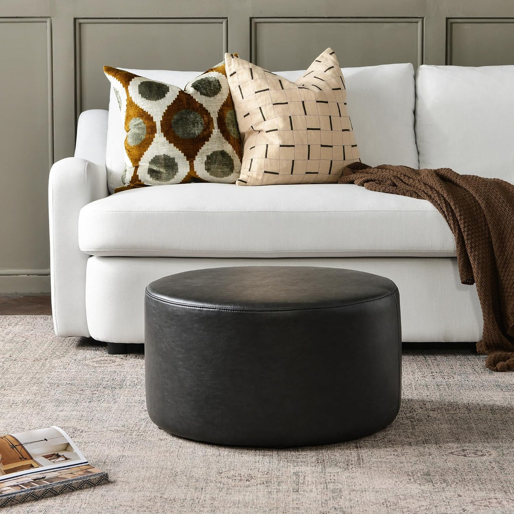 KINWELL Modern Faux Leather Round Upholstered Ottoman, Multi-Functional Sofa ...