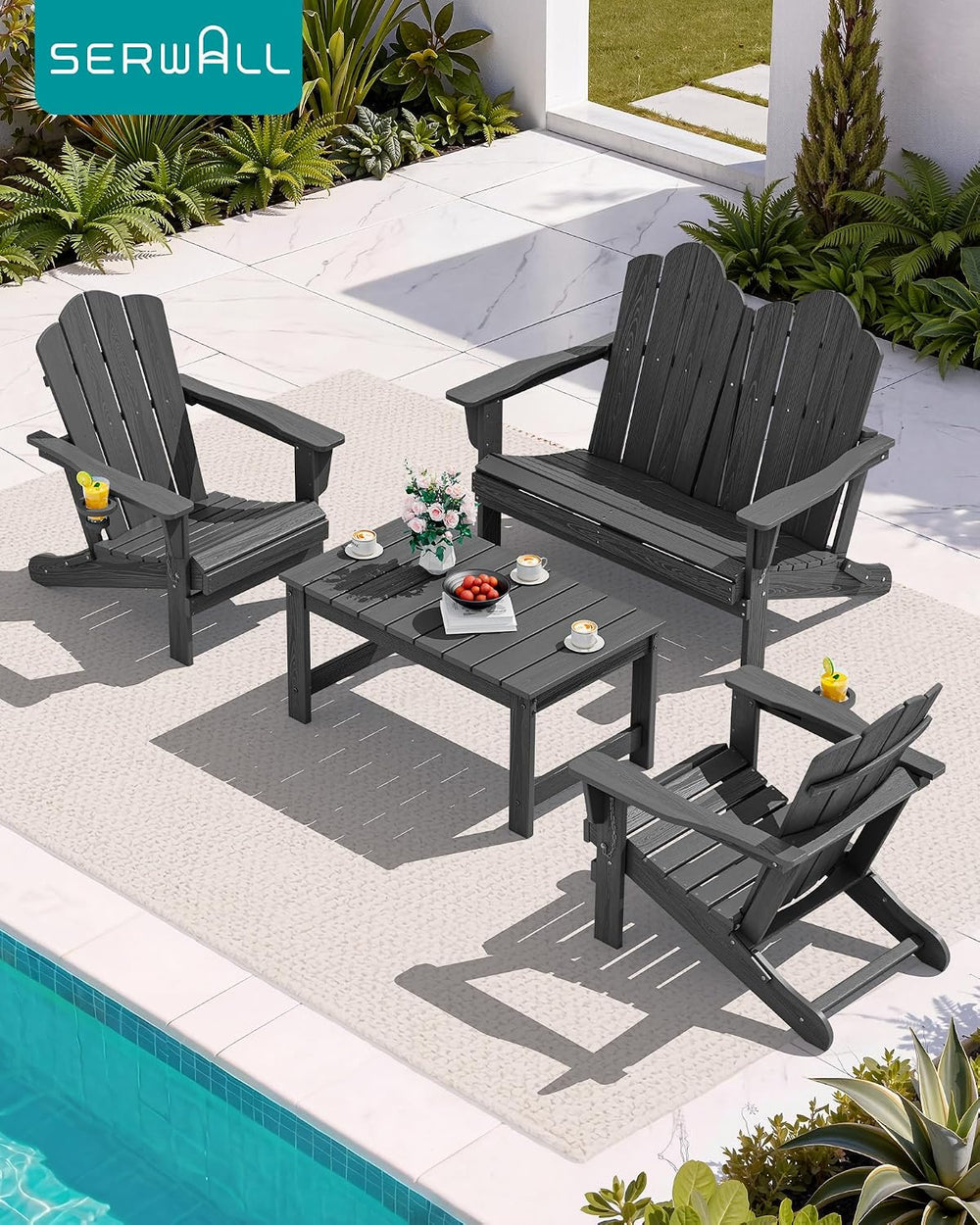 SERWALL Outdoor Coffee Table with 1.69" Umbrella Hole, HDPE Patio Coffee...