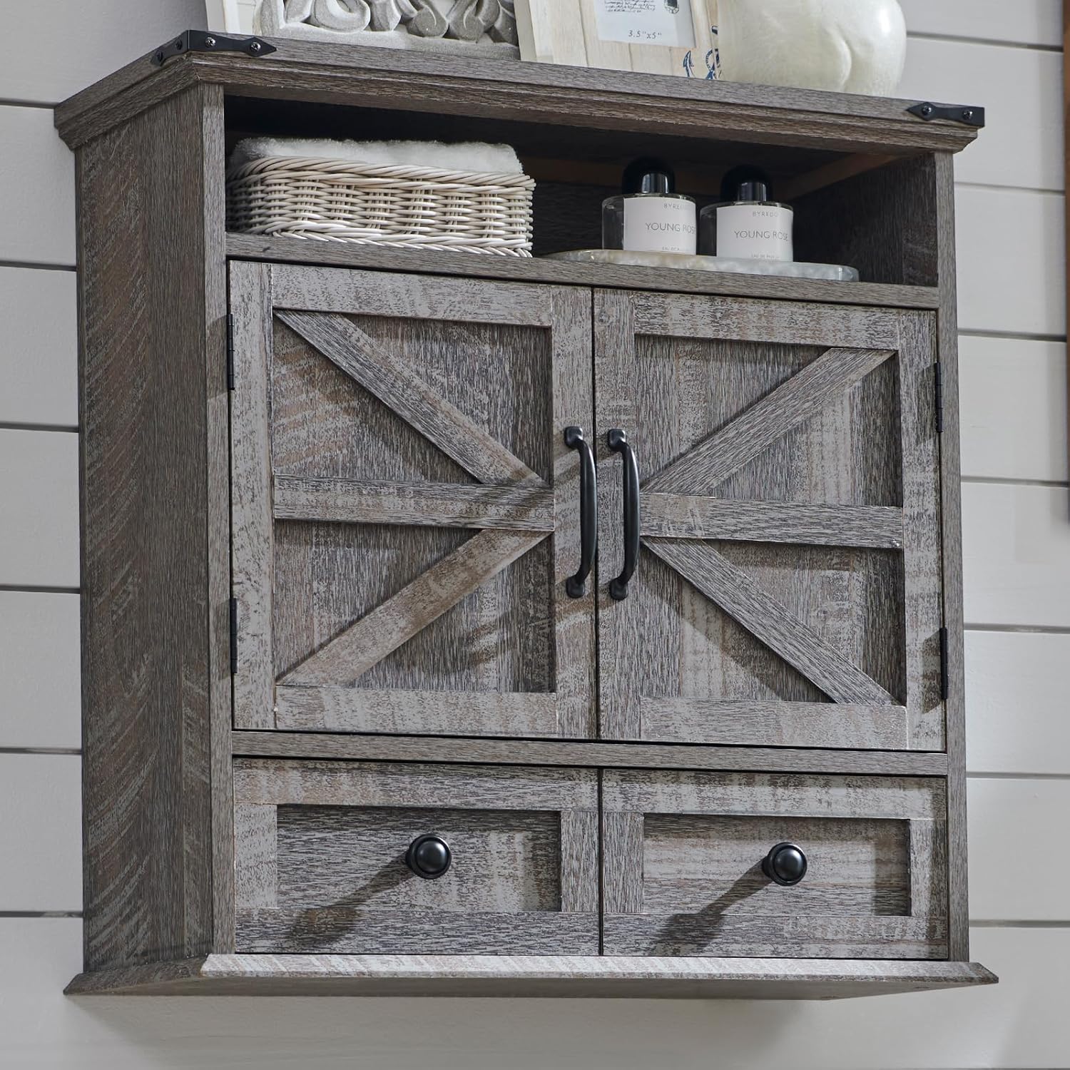 ACCOHOHO Bathroom Wall Cabinet, Farmhouse Medicine Cabinet, 24" Wide Cabinet with Drawer, Adjustable Shelf, Double Barn Doors, Storage Cabinet for Bathroom, Kitchen, Living Room, Grey Wash
