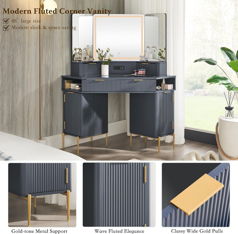 T4TREAM 48" Corner Makeup Vanity with Lighted Triple Mirror, Dark Grey