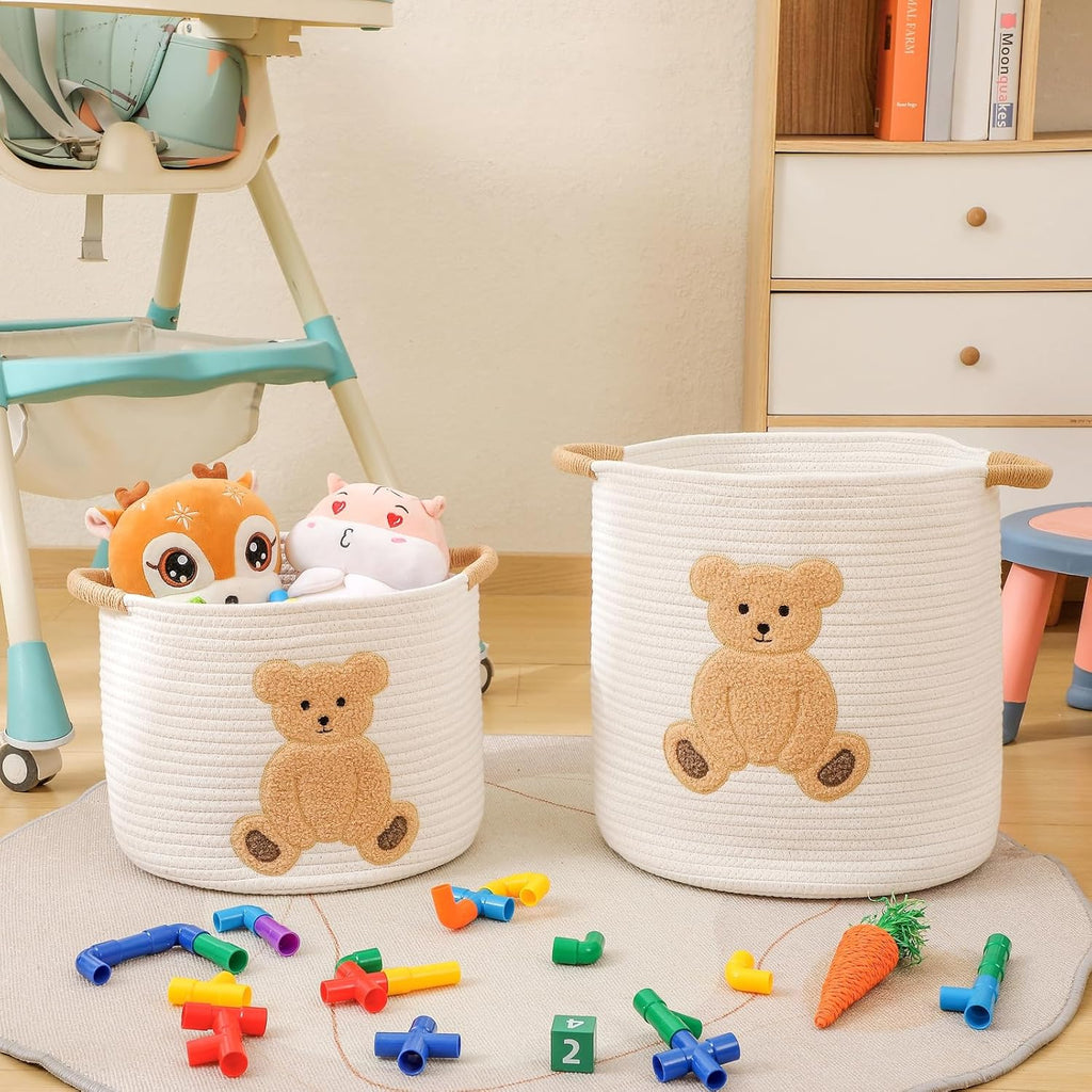 Large Blanket Baskets for Living Room, Teddy Bear Baskets Toy Storage Basket, 14" x 14" Woven Cotton Rope Basket for Kids, Toys Organizer Clothes Hamper with Embroidery, Teddy Bear Nursery Decor