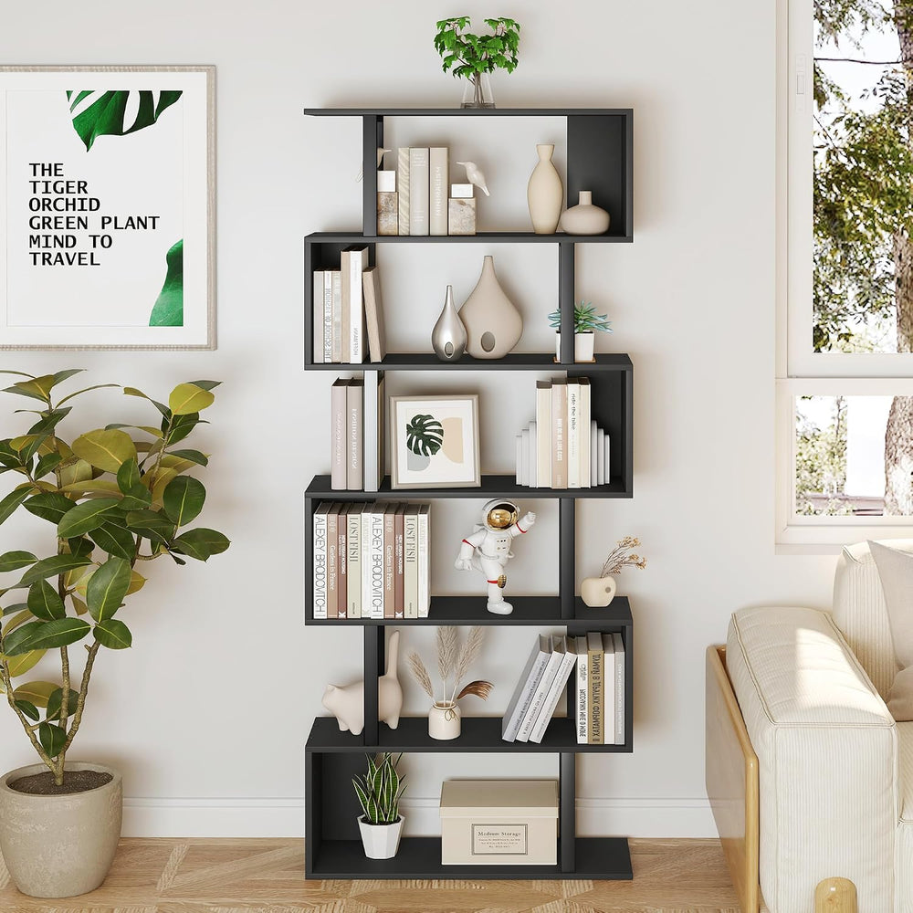 Yusong Geometric Bookcase, S Shaped Bookshelf 6-Tier Book Shelves for Bedroom...