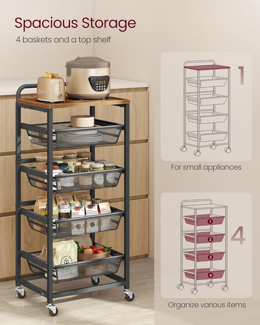 VASAGLE Storage Rolling Cart with Pull-Out Baskets, 5-Tier Utility Cart Orgni...