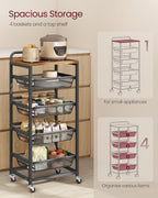 VASAGLE Storage Rolling Cart with Pull-Out Baskets, 5-Tier Utility Cart Orgnizer with Wheels for Laundry Room, Kitchen, Handle, 12.5 x 15.8 x 37.4 Inches, Rustic Brown and Ink Black ULRC041K01