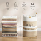 95L Striped Laundry Hamper with Leather Handles,Large Foldable Laundry Basket for Clothes,Cotton Rope Storage Bin for Blankets,Woven Clothes Basket for Bedroom,Beige Stripes