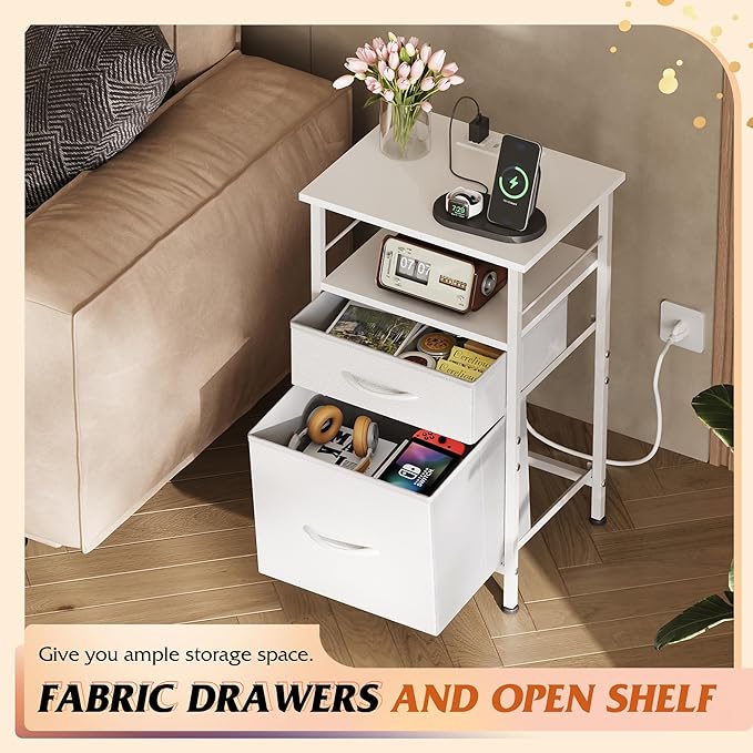 WLIVE Night Stand Set 2, White Nightstand with Charging Station, Nightstands ...