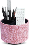 lizimandu Round Leather Art Supply Organizer,Remote Control Holder,360 Degree Spinning,Multi-Functional Pencil Holder,4 Compartments Desktop Stationary Organizer(1-Carved Pink)