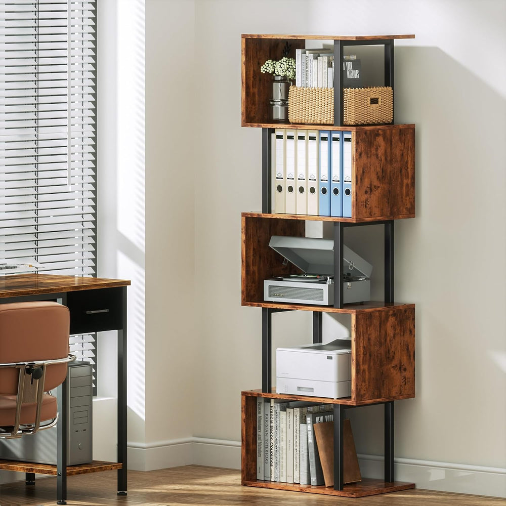 Furologee 6 Tier Bookshelf, S Shaped Geometric Bookcase, Rustic Brown