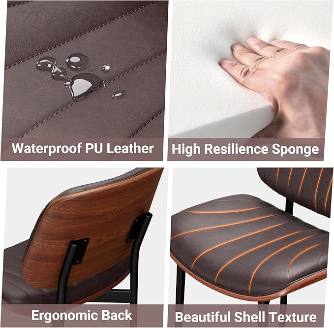 Dining Chairs Set of 4, Mid-Century Modern Upholstered PU Leather Chairs with Walnut Bentwood Back and Metal Legs Adjustable Feet for Kitchen Dining Room, Dark Brown Shell Strips