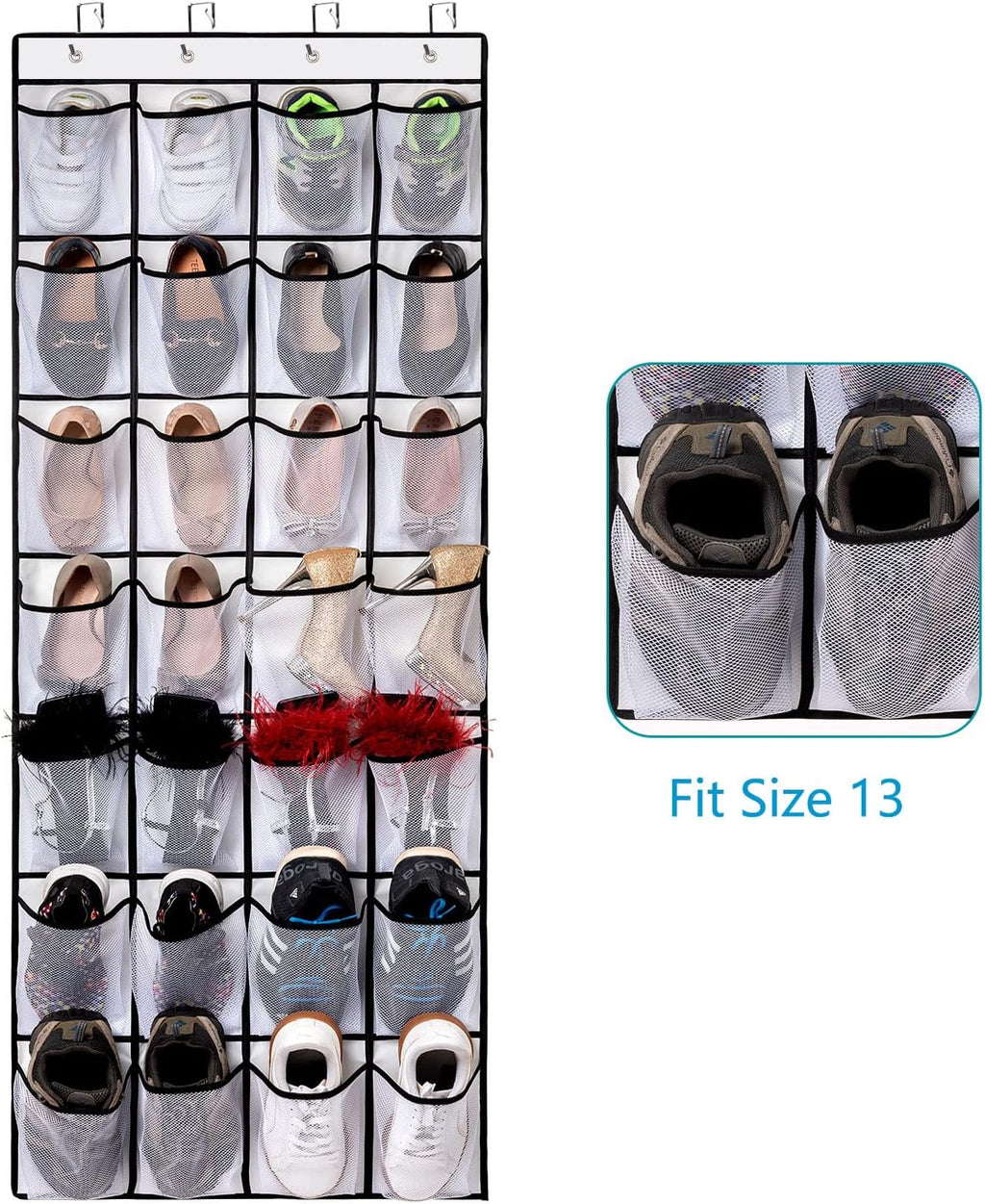 REGELETO 28 Large Pocket Over the Door Shoe Organzier, Hanging Shoe Rack for Door Large Capacity Shoe Organizer Holder with 4 Metal Hooks.