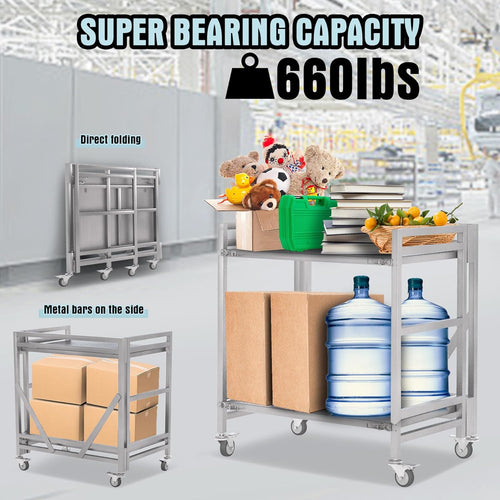2 Shelf Rolling Cart with Wheels, 660lbs Capacity Collapsible Steel Rolling Utility Cart, Heavy-Duty Foldable Workbench, Metal Rolling Storage Cart with Handle for Groceries, Warehouse (36" Lx26 W)