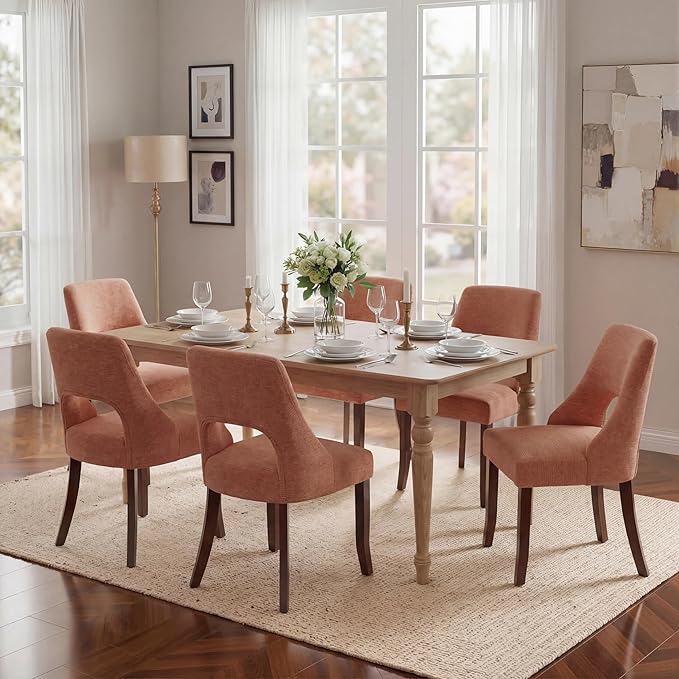UVV Wooden Dining Chairs Set of 4, Mid Century Modern Upholstered Dining Room Chair Kitchen Chairs, Chenille Dinner Chair with Solid Wood Legs for Kitchen Dining Room, Orange