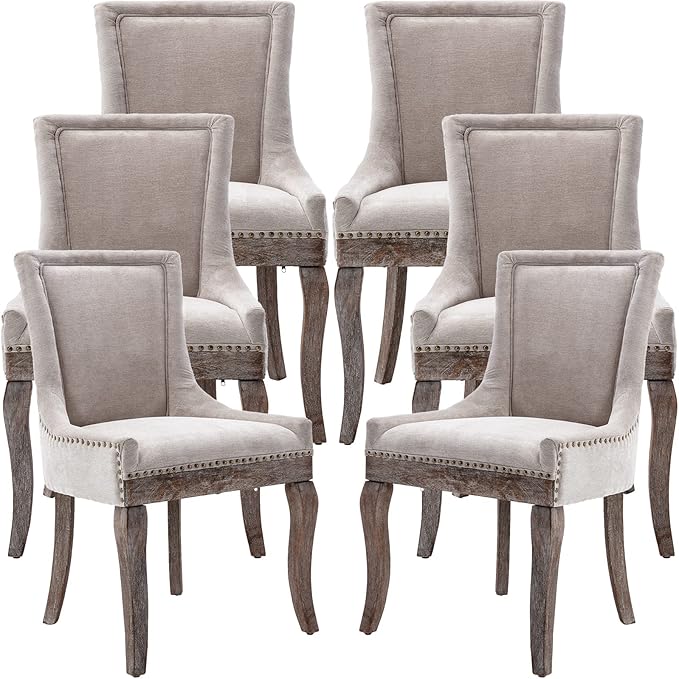 Dining Chairs Set of 6, Kitchen & Dining Room Chair, Fabric Upholstered Dinning Chairs, Wooden Dinning Chairs, Sillas De Comedor, Nailhead Trim, Wood Legs (Beige, 6 Pcs)