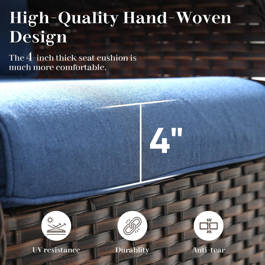 Luxury Outdoor Wicker Glider Rocker Chairs for 4 Person, Outdoor Furniture Sets with 2 Piece Wicker Swivel Rocker Chairs, Rattan Glider Rocker Chairs with Table for 2 Seats Brown/Blue