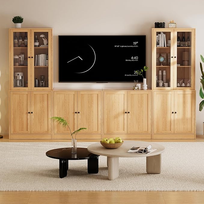 TUSY 71" TV Stand Storage Set - 2 Tall Bookcases & 2 Side Cabinets, Media Console with Glass & Wood Doors, Entertainment Center with Drawers, Tall Media Console for Living Room (Wood, ACCA)
