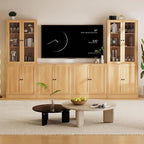 TUSY 71" TV Stand Storage Set - 2 Tall Bookcases & 2 Side Cabinets, Media Console with Glass & Wood Doors, Entertainment Center with Drawers, Tall Media Console for Living Room (Wood, ACCA)