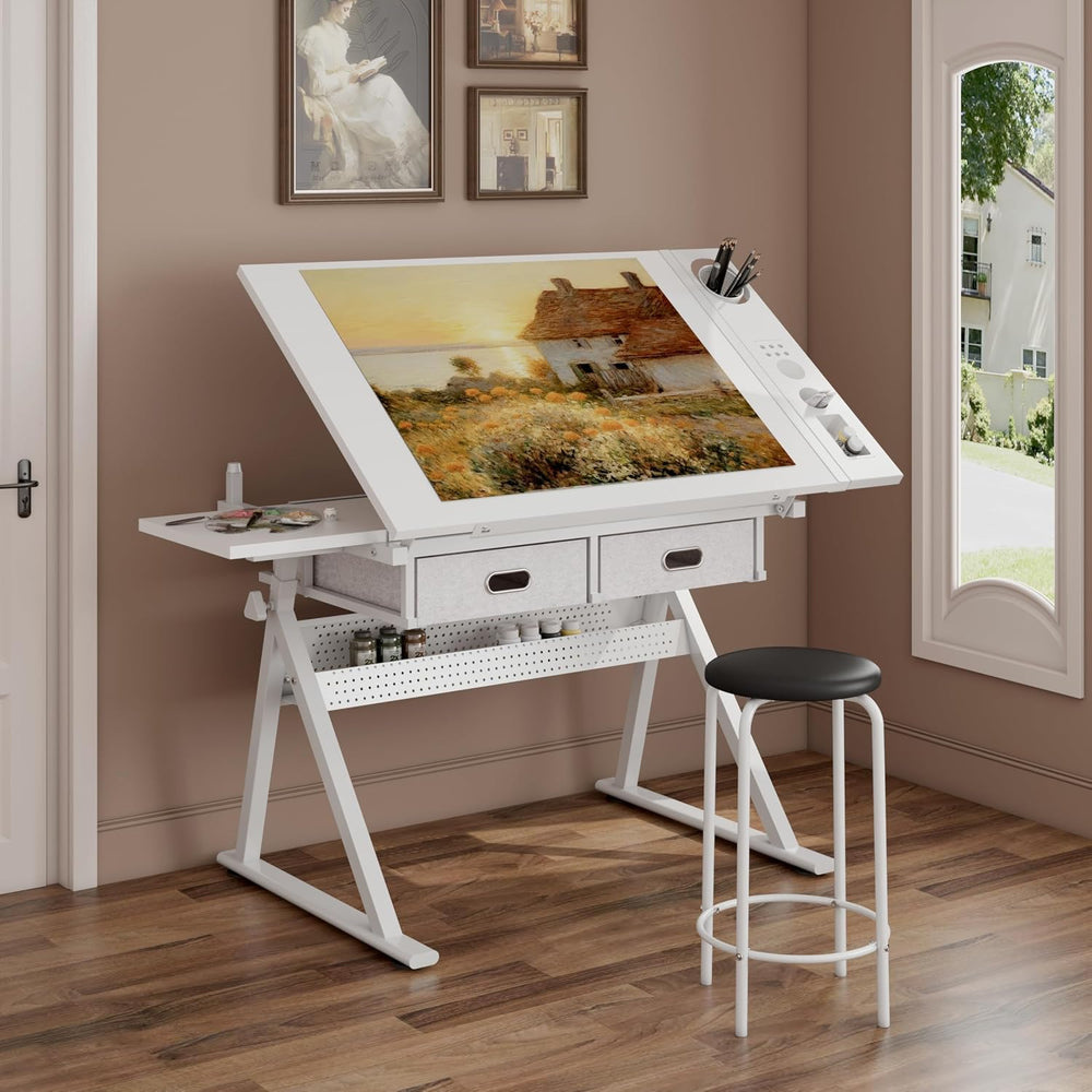 Tiltable Drafting Table with Stool, Adjustable Art Desk for Home Use