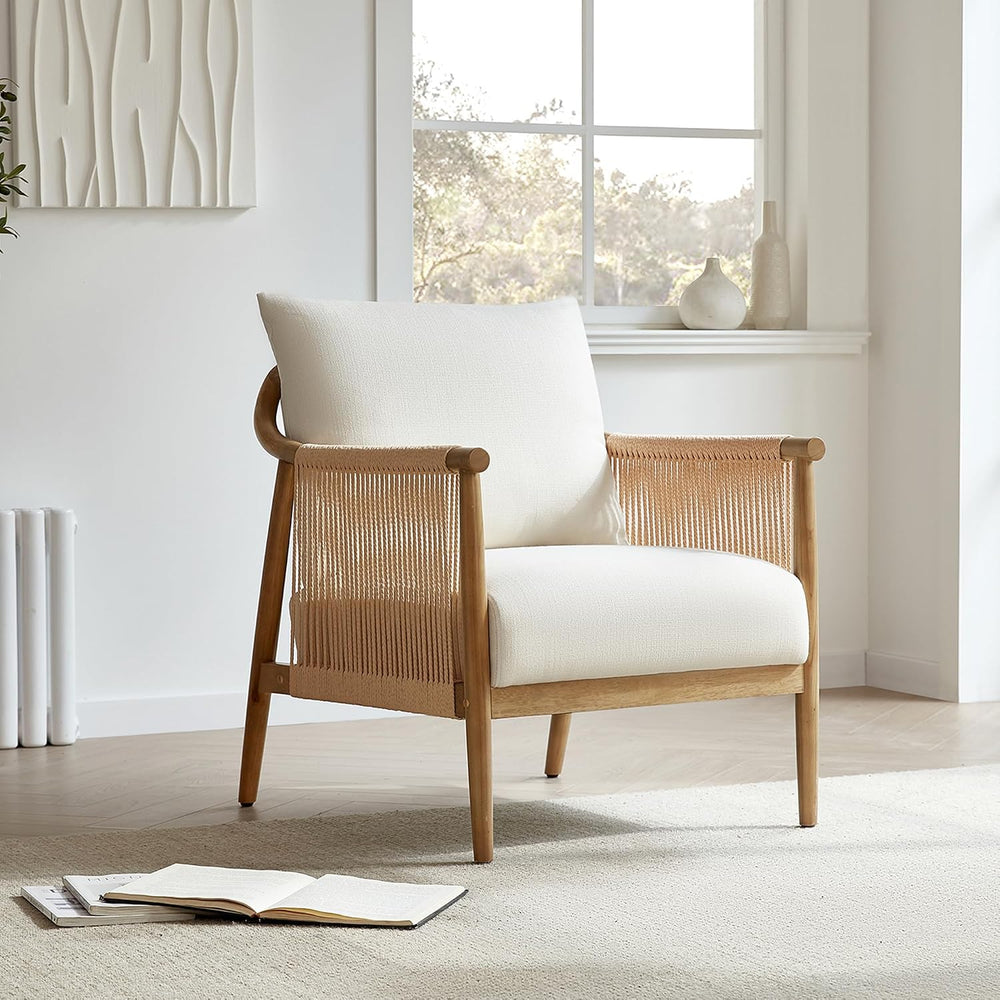 CHITA Braid Accent Chair Set of 2, Wood Frame and Paper-Cord Armrest, Cream |...